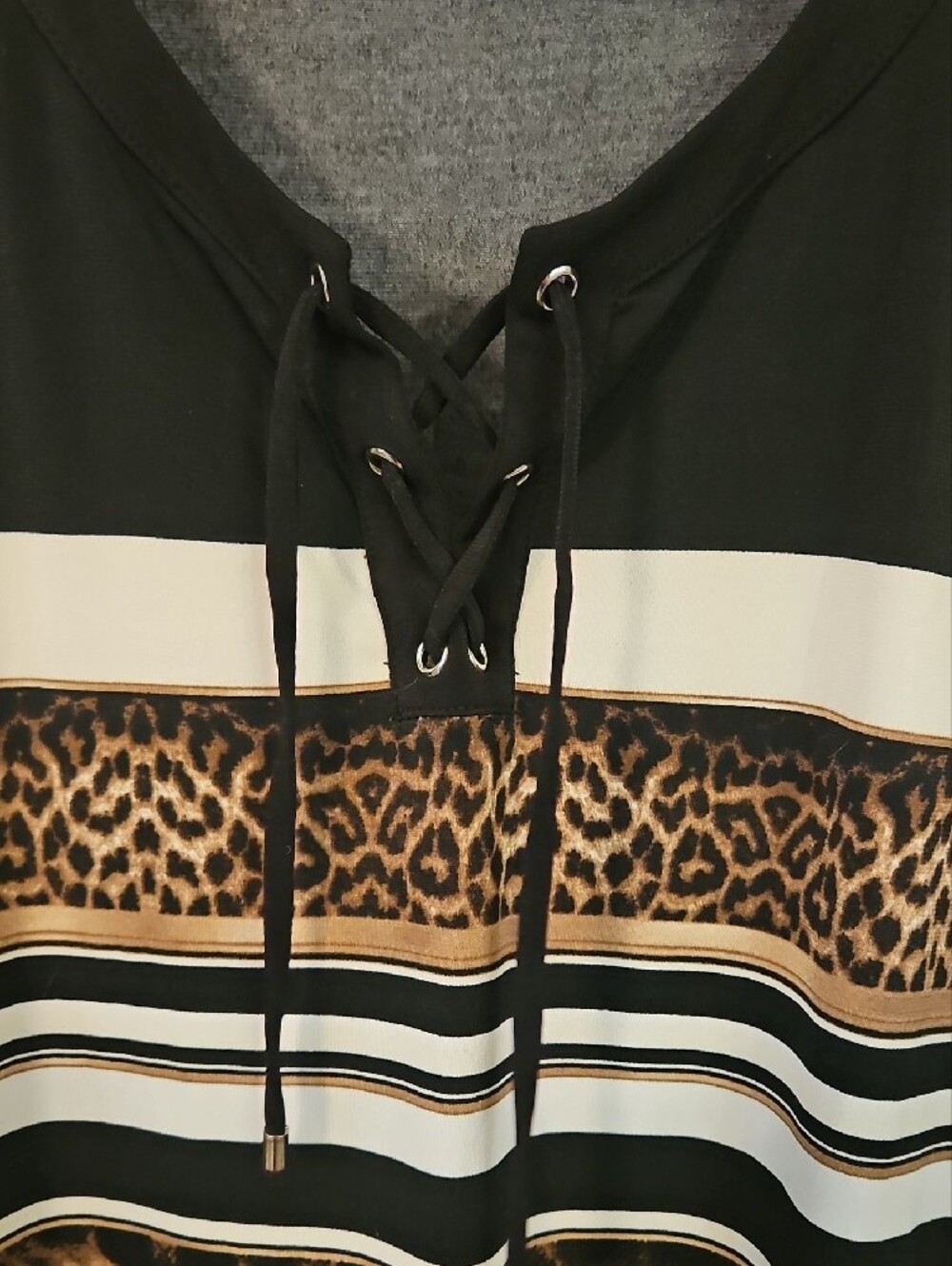 Chico's Black Leopard & Stripe Lace-Up Long Sleeve Top - Picture 3 of 7